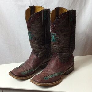 Tin Haul Arrowhead Dark Brown and Burgundy Boots with Teal Stitching